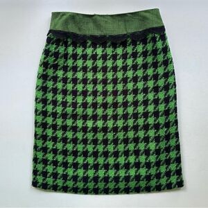Victor Costa Vintage Houndstooth Check Tweed Pencil Skirt Bright Green & Black 6
